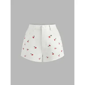 Cider [3 colors, size 0-26] Cider Denim Mid Rise Cherry Embroidery Straight Leg Micro Shorts Dealsforyou