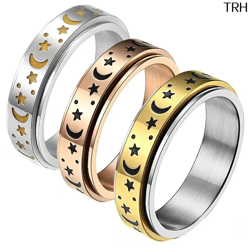 Rotatable Star Moon Fidget Ring for Women Men, Anti‑Anxiety Stress Relief Spinner Band Ring, Openwork Engraved Stackable Ring, Trendy Minimalist Fashion Jewelry for Daily Casual Party Teen Gift