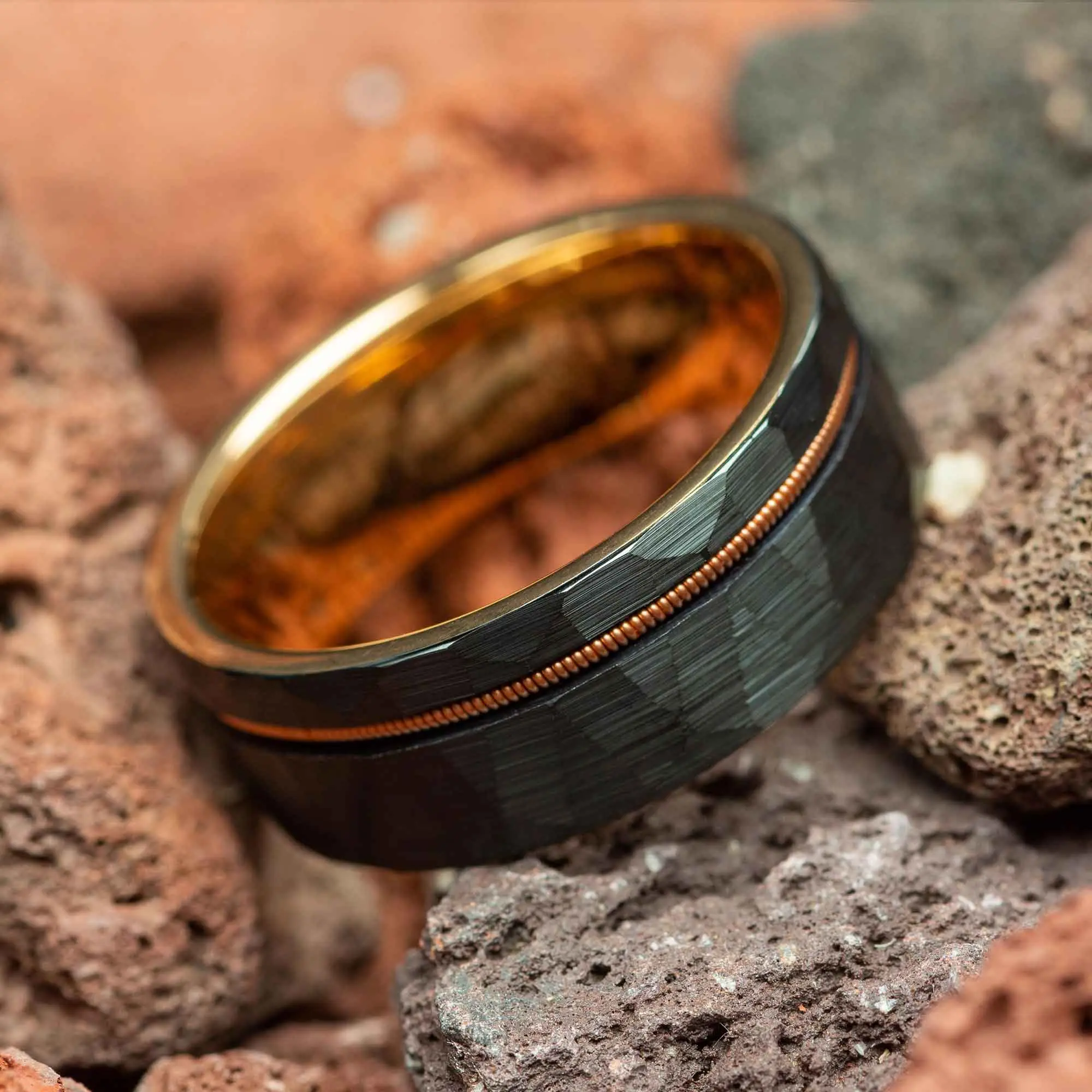 Guitar String Black Hammered Rose Gold Inside Men's Tungsten Ring - 8mm