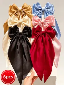 6pcs/sets-Women’s Big Satin Bow Hair Clip - Silky Long Tail Bow Barrette, Elegant Ponytail Hair Bow, Goddess Hair Clip, Great for Daily Hairstyles, Weddings, Parties, and Adding a Romantic Touch to Any Outfit.
