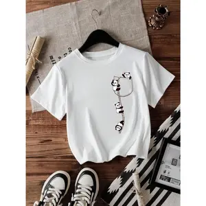 Women'S Cute Panda Print T-Shirt - Soft Knit Fabric, Short Sleeve Crew Neck, Casual & Comfortable Top For Spring & Summer, Red With Black Panda Design, Casual Wear |   Playful Design |   Comfortable Fit