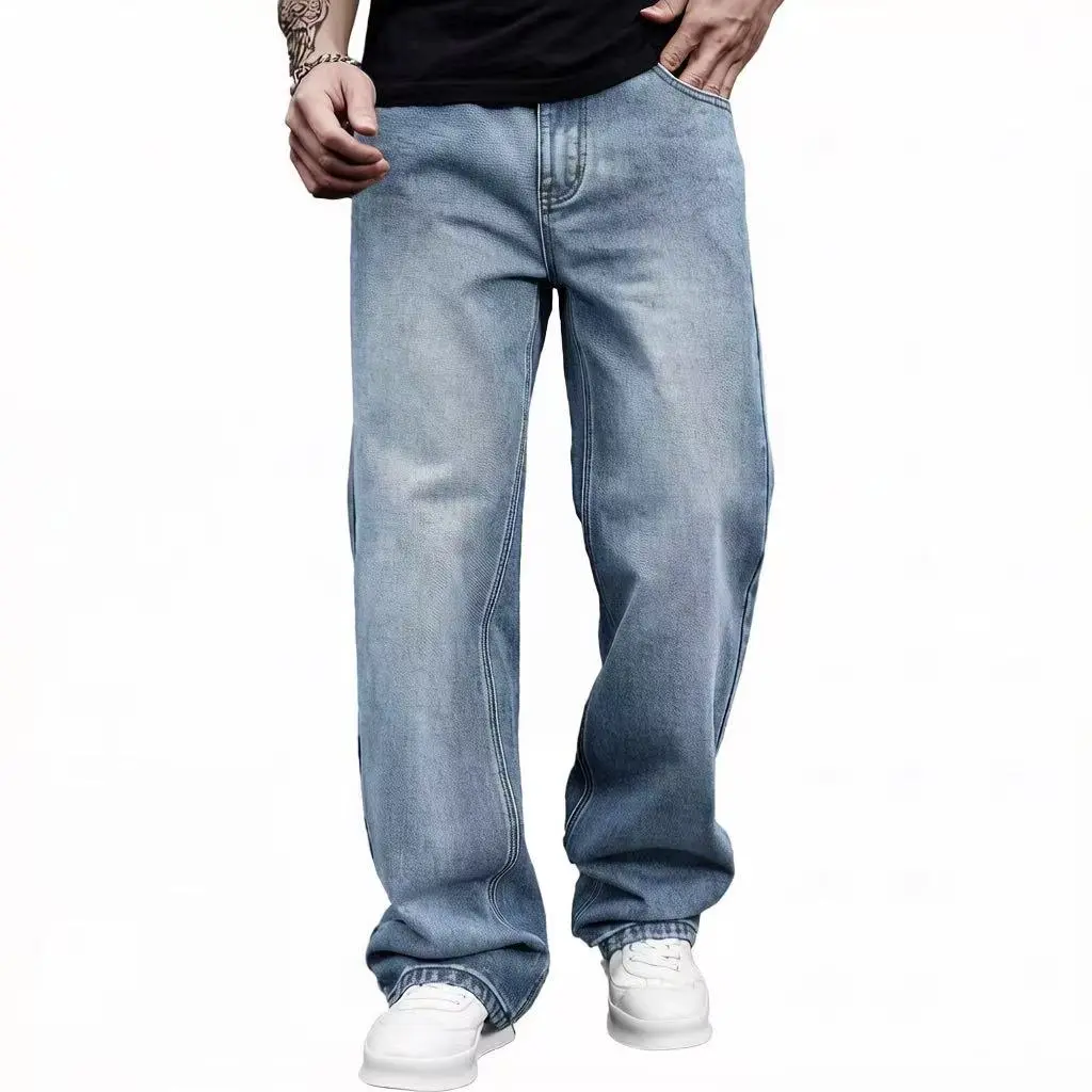 Men's Baggy Washed Denim Jeans - Menswear with Elastic Comfort Stretch Waistband, Breathable Fabric, Loose Wide Leg, Casual Streetwear Vibe for Summer