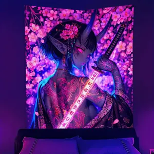 UV Reactive Anime Girl Blacklight Tapestry - Japanese Style Pink Glow in The Dark Neon Fluorescent Wall Hanging,  Living Room, Dorm - Unique Gift for Friends, Durable Fabric, Kawai 60X40 Decor Colorful Decoration