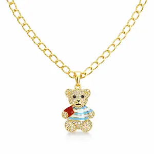 DIDIRAY 14k Gold Plated, Oval Link Chain with Cuban Flag Bear Pendant, Hypoallergenic, with Durable Metal Plating, 17 inches long