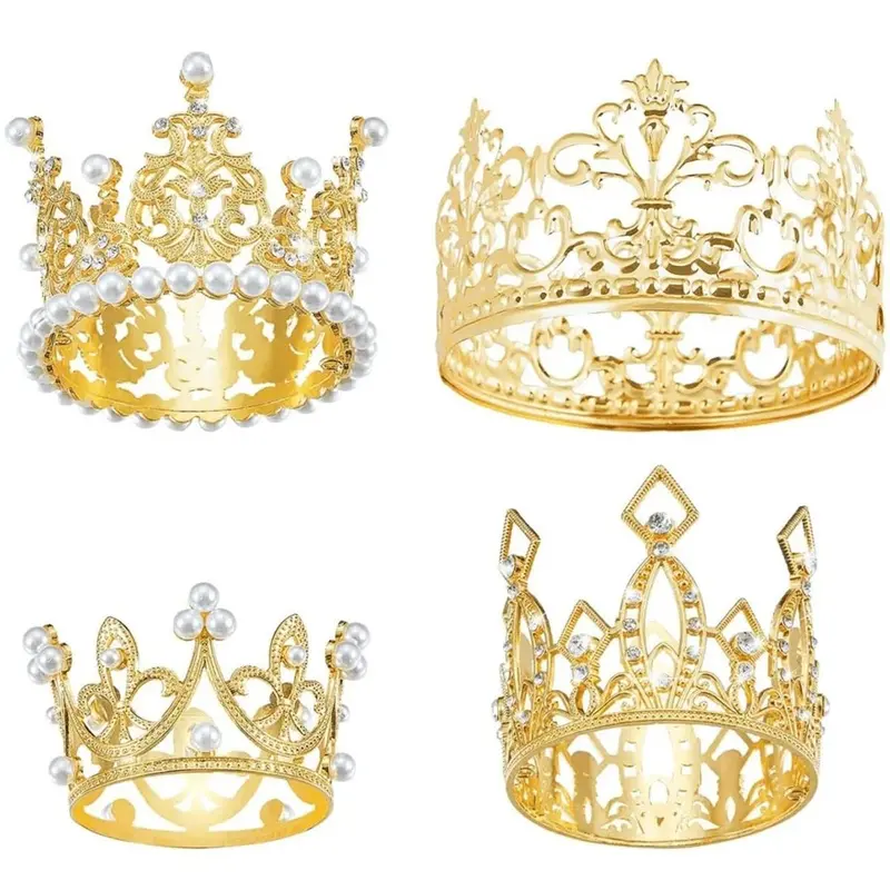 Crown Shaped Cake Topper, 4 Counts/set Golden Faux Pearl Decorated Crown for Wedding Bridal Shower Birthday, Cake Supplies, Baking Supplies, Summer Gifts