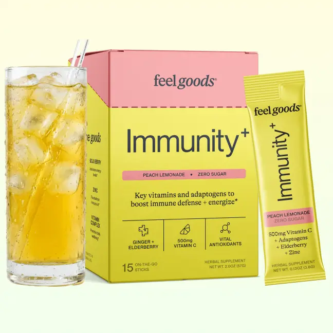 Feel Goods Immunity+ | Immune Support Drink Mix, 19 Vitamins and Herbs, Defend Daily, Reduce Inflammation, Boost Energy - Zero Sugar, Fruit Juice