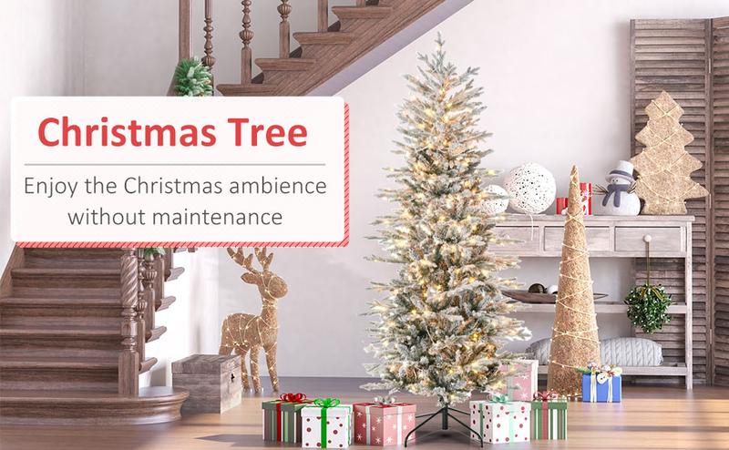 HOMCOM 6ft/7.5ft Tall Prelit Artificial Christmas Tree Holiday Décor with 636 Snow Flocked Branches, 250 Warm Yellow Clear Lights, Auto Open, Extra Bulb