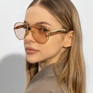 Women's Minimalist Slim Metal Aviator Sunglasses, Champagne Orange Lenses, Thin Curved Temples, Elegant Outdoor Eyewear
