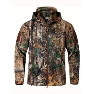 1pc Men'S Tactical Camouflage Hunting Jacket - Water-Resistant, Warm Fleece-Lined, Soft Shell Outdoor Hoodie Coat with Pockets, Zippered, Regular Fit, Polyester & Spandex, Winter Sports Gear