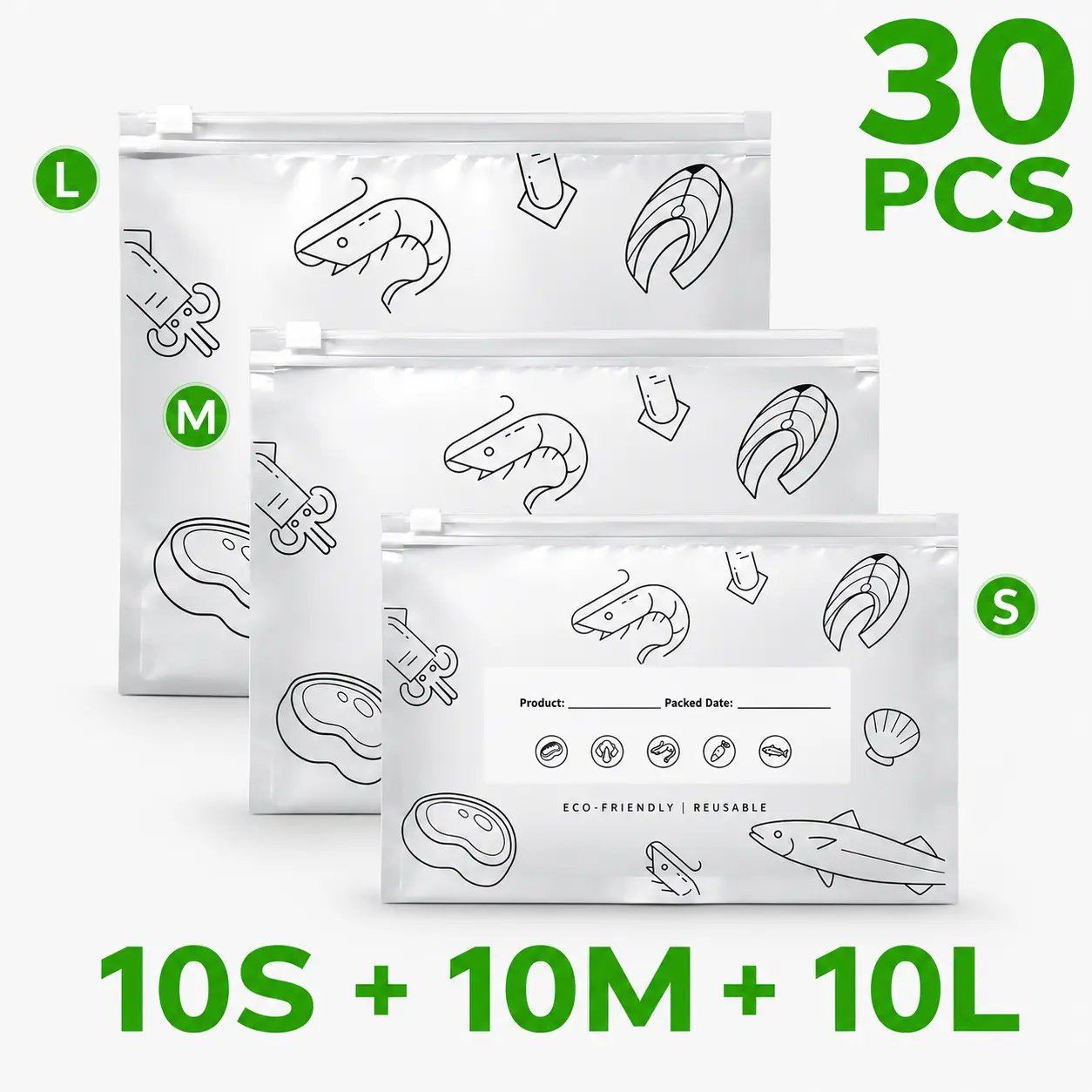 30PCS Reusable Freezer Storage Bags Set, 10 Small + 10 Medium + 10 Large, Washable Leak-Resistant Food Bags with Slide Lock and Writable Labels for Meat, Seafood, Vegetables, Snacks & Meal Prep