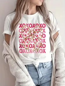 Women's Casual Valentine's Day T-Shirt - XOXO Bow & Hearts Print, Breathable Round Neck Short Sleeve Top, Machine Washable Regular Fit for Everyday & Romantic Occasions
