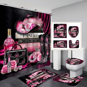 Base Rhinestone Shoe Bag Hat Decor, Rose Print Shower Curtain with 12 Hooks, Modern Bathroom Divider, Home Decoration Gift