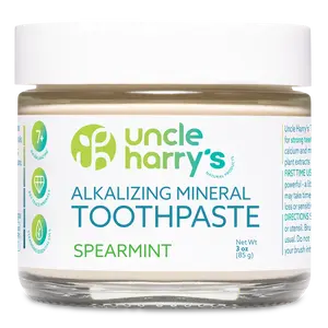 Uncle Harry's Alkalizing Mineral Toothpaste Spearmint 3 oz Glass Jar - Gluten Free, Vegan, No Fluoride, Glycerin, or Sweeteners - Natural Ingredients for Strong Teeth and Fresh Breath
