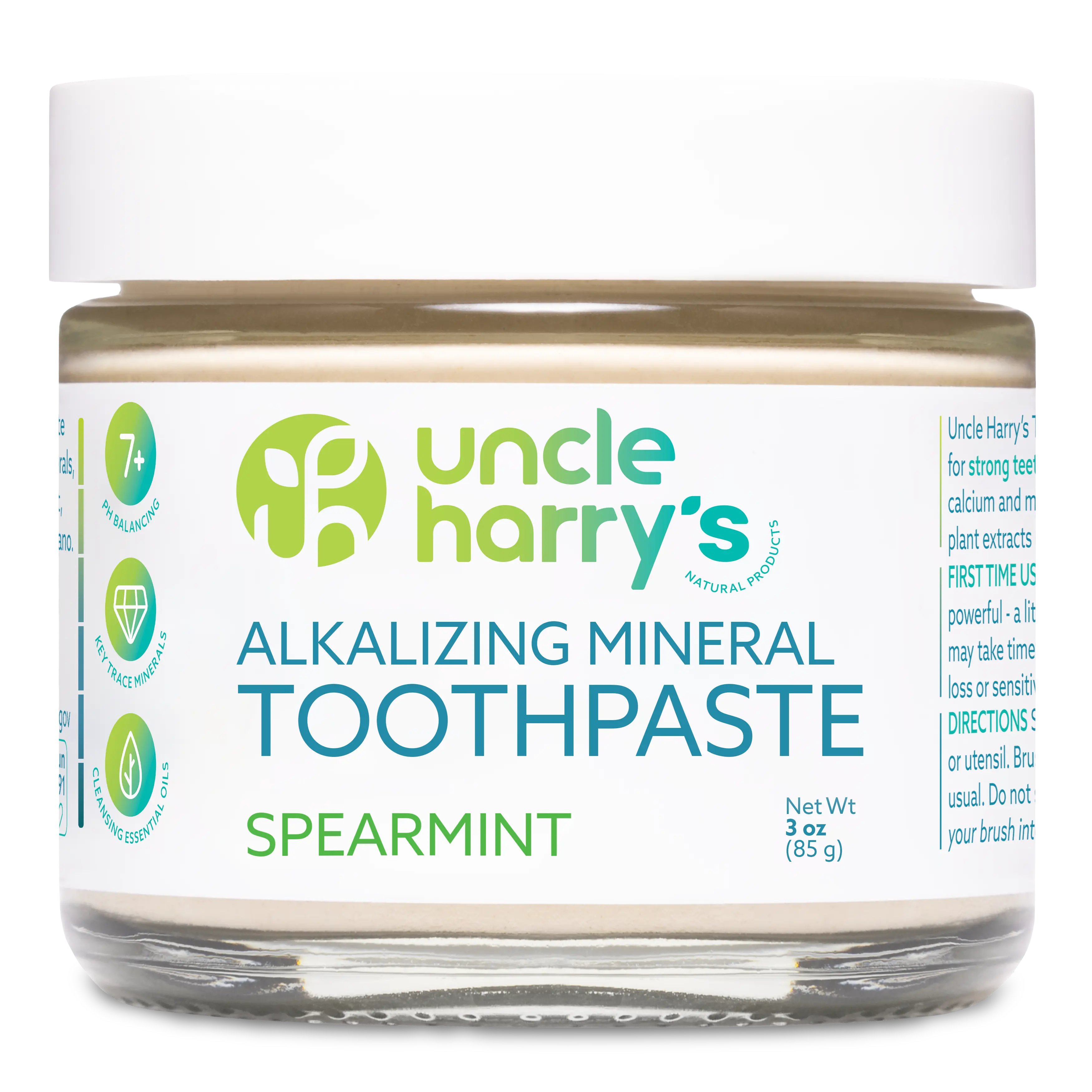 Uncle Harry's Alkalizing Mineral Toothpaste Spearmint 3 oz Glass Jar - Gluten Free, Vegan, No Fluoride, Glycerin, or Sweeteners - Natural Ingredients for Strong Teeth and Fresh Breath