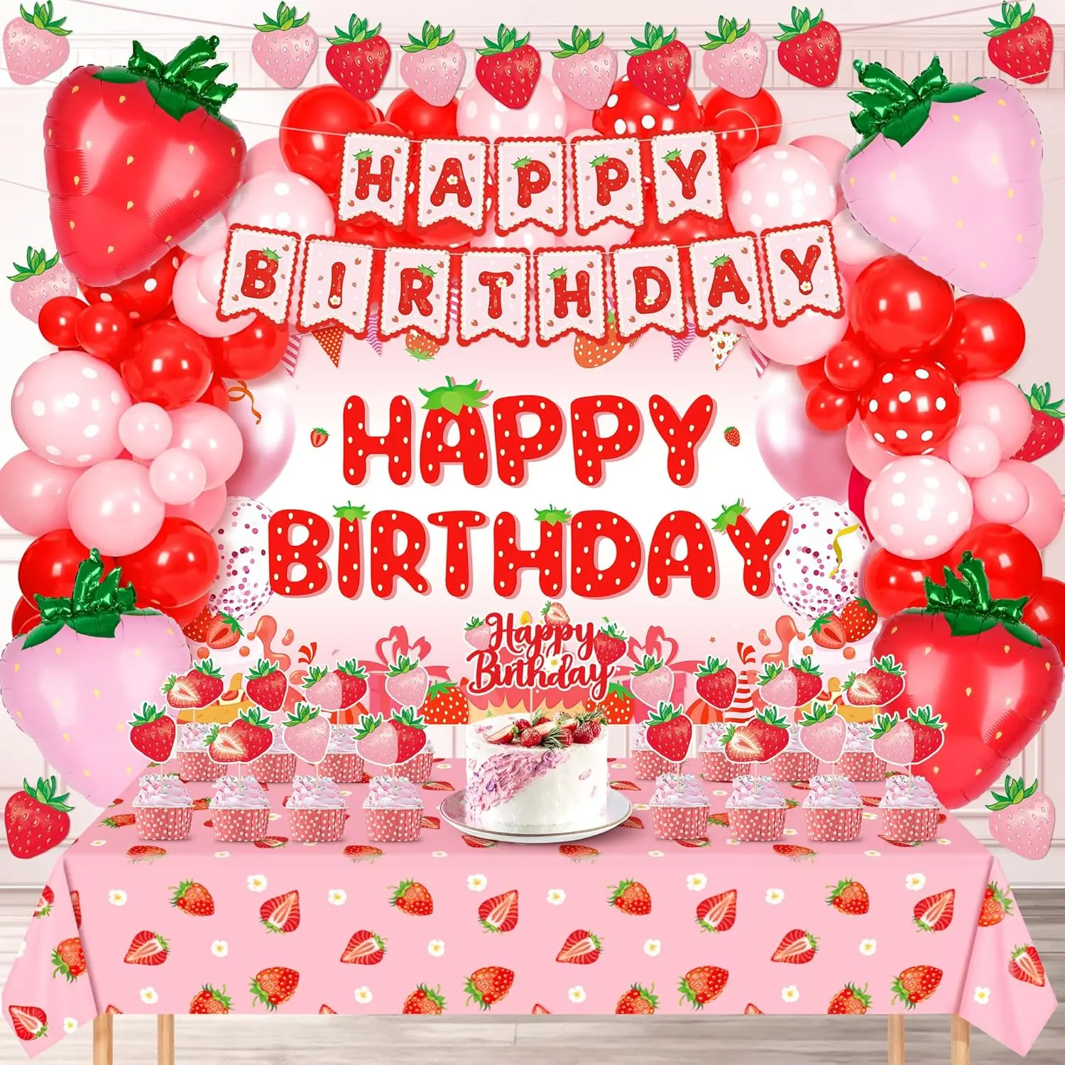 Kriyokiaa Strawberry Birthday Party Decorations for Girls Berry Shortcake Party Set with Balloon Garland, Backdrop, Banners, Tablecloth & Cake Topper Berry Theme Party Supplies