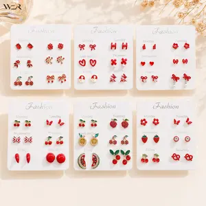 Red Earrings Cherry Bow Heart Strawberry Flower Stud Set for Women Girls Everyday Wear Gift