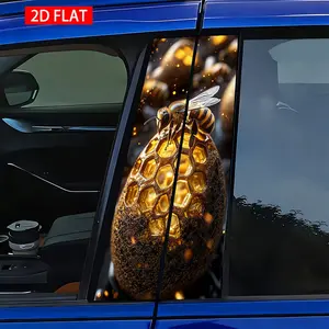 2 Sets Car B Pillar Stickers, Gold Honeycomb and Bee Pattern, PVC HD Print Self-Adhesive Decorative Stickers, Waterproof Scratch-Resistant