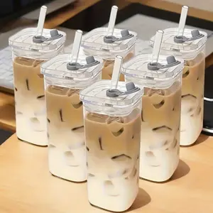 13oz Square Glass Cups with Lids & Straws BPA-Free Coffee & Drink Glass Set with Cleaning Brush