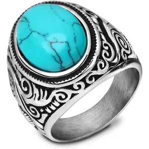 Retro Vintage Stone Rings for Men Turquoise Rings Stainless Steel Signet Biker BandValentine's Day gift