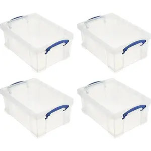 Really Useful Box Stackable 9 Liter Plastic Storage Container Bin with Snap Lid and Built-In Clip Lock Handles for Home & Office Organization (4 Pack)