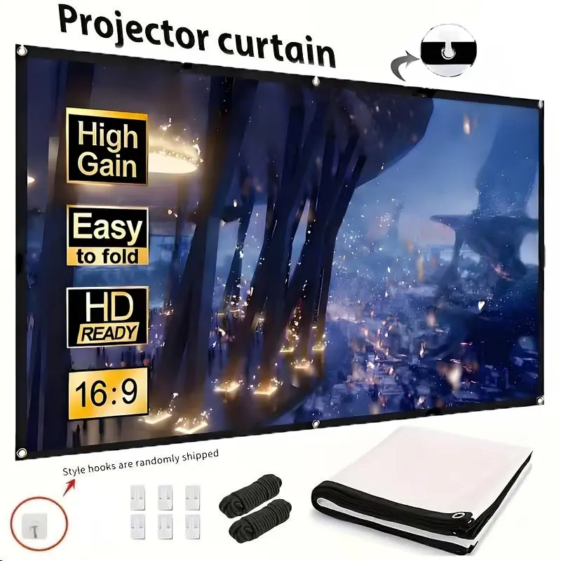 100-inch Ultra HD Projection Screen, 16:9 High Density, Easy-Folding, Wrinkle-Resistant Portable Cinema Projection Screen, Suitable for Home and Outdoor Use, Easy to Move and Portable, Outdoor Projector Screen