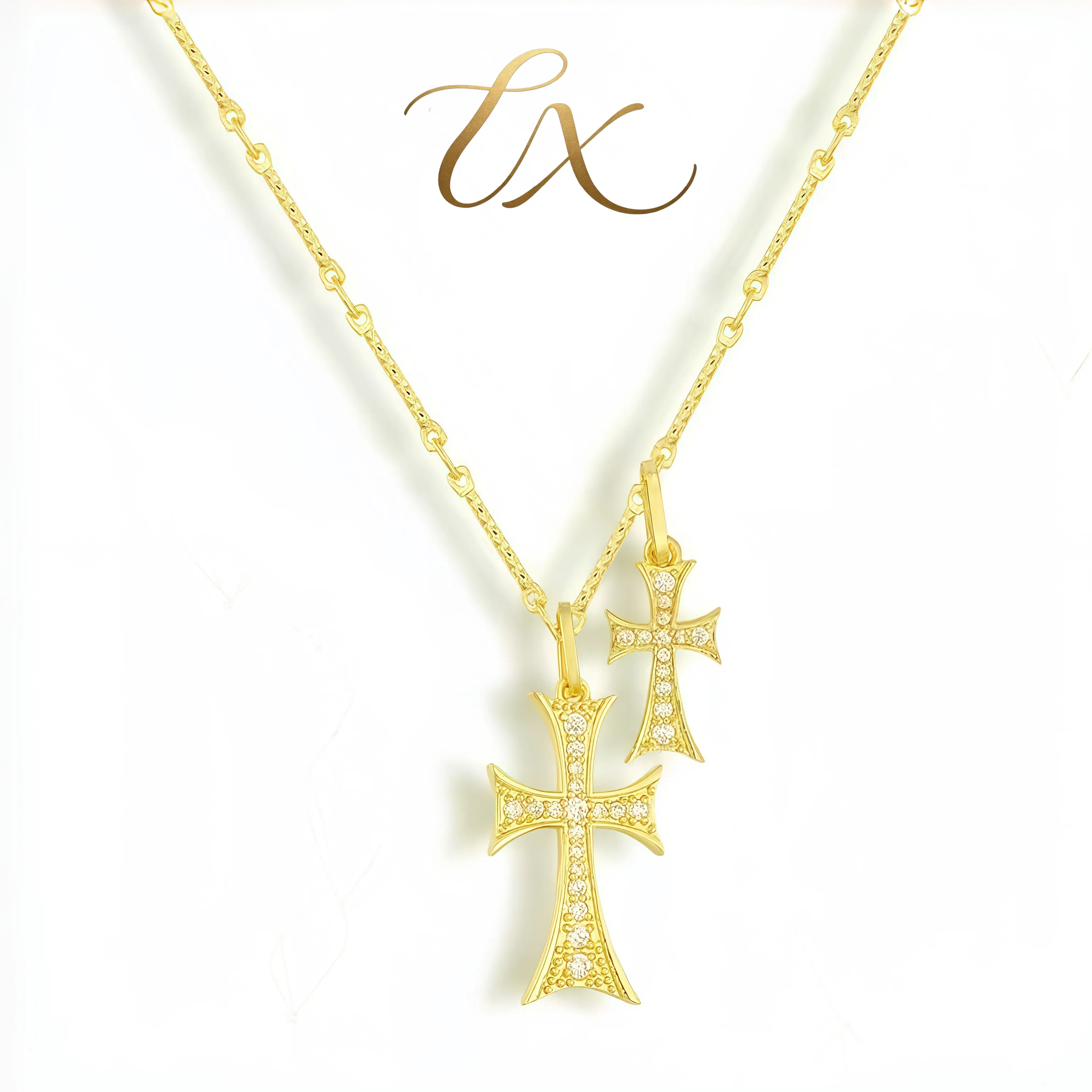 Uxvwez Women's Gold-Silver Tone Stainless Steel Double Cross Necklace, Female Dual-Row Double-Strand Cubic Zirconia Layered Pendant Necklace, Casual Costume Jewelry Gift, Cross Necklaces, Dual-Row Necklaces