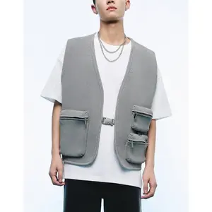 URBAN REVIVO Oversized Loose Jacket Knitted Waistcoat Grey Utility Gilet with Multi Pockets UMV940015