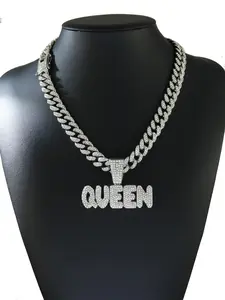 Men's Alloy Necklace with 'queen' Letter Pendant, Rhinestone Cuban Chain, Hip Hop Style, Jewelry Gift for Birthday Party