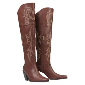 Women's Cowgirls Boots Square Toe Knee High Western Boots Vintage Embroidered Cork Heel Over The Knee Brown Leather