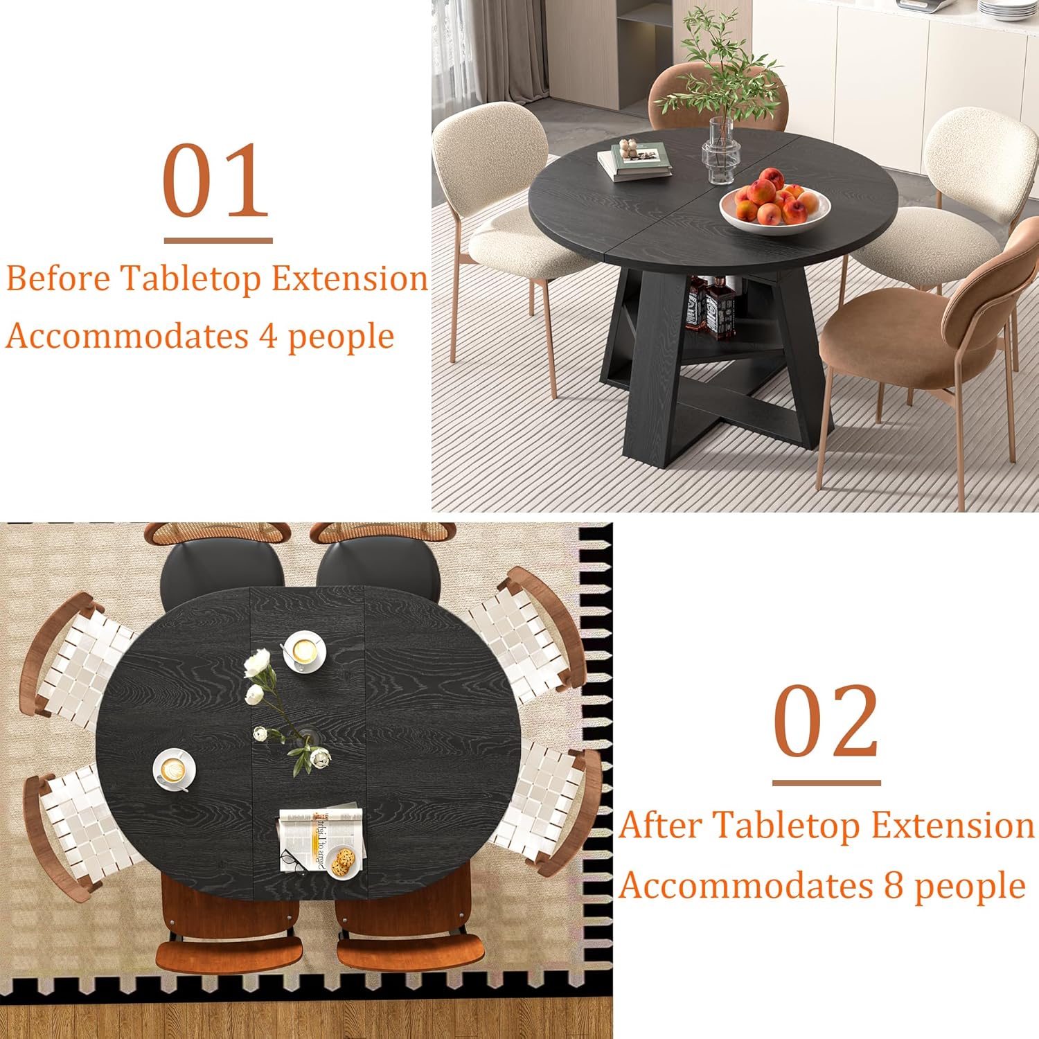 Extendable Round Dining Table for 4-8, Space Saving Kitchen Table with Storage Shelf, Modern Oval Expandable Table 300 lbs Capacity, Easy Assembly, Black Extendable Round Dining Table for 4-8, Space Saving Kitchen Table with Storage Shelf, Modern Oval Expandable Table 300 lbs Capacity, Easy Assembly, Black