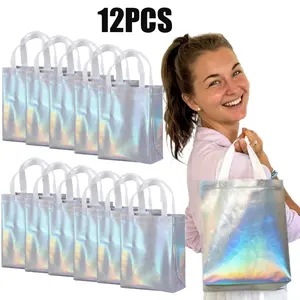 12 Pack Non-Woven Reusable Goodie Tote Bags Glossy Iridescent Bags With Handles Sturdy Bases 8 × 10 × 4 In for Birthday Wedding Easter Holiday Party Christmas Favor Grocery