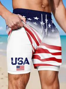 Men's American Flag 250th Anniversary Print Two-In-One Gym Shorts, Fashionable Summer Shorts, Independence Day Theme Double-Layer Quick-Dry Beach Pants