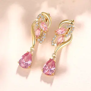 Water drop-shaped pink earrings, birthstone high-end luxury earrings, designer earrings