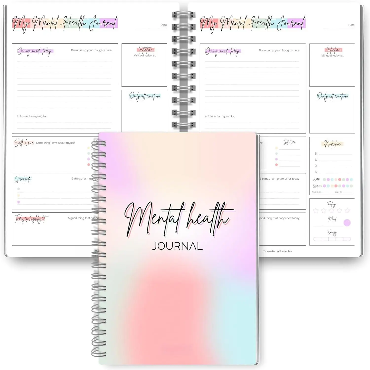 Mental  Journal Planner | Daily Gratitude, Self Care, Intentions, Affirmations and Nutrition (Rainbow, A5)
