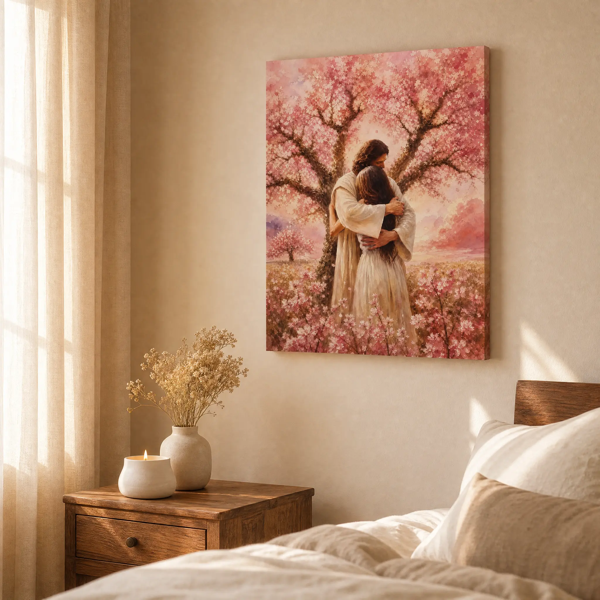 Framed Wood Jesus Hugging Woman Under Pink Cherry Blossom Tree Canvas Wall Art Print, 1-Piece Religious Faith Christian Home Decor Gift, Multi-Size Waterproof Hanging Wall Ornament