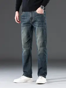 Men's Loose Fit Straight Leg Jeans, Fall Winter Fashion, Washed Denim Jeans, Button Fly Closure, All Seasons Wear