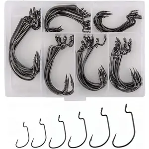 60pcs Offset Worm Hook High Carbon Steel Wide Gap Bait Jig Fish Hooks with Plastic Box #1-5/0