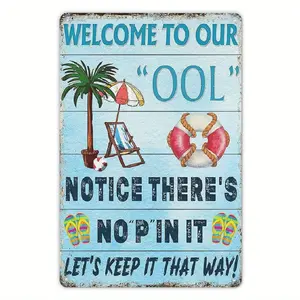 Welcome To Our Pool Sign Funny Metal Tin Sign Retro Wall Decor for Outdoor Outside Home Cafe Bar 12*8 Inch Wall Decor For Home Kitchen Bathroom Farm Garden Garage, Novelty Sign Home Hand