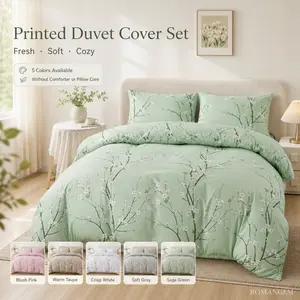 ROMANGEM Printed Bed Comforter Set, 3 Piece Floral Botanical Duvet Cover Set with 2 Pillowcases, Soft Cottagecore Bedding, Insert Not Included queen