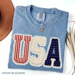 Comfort Colors Coquette Bow USA Shirt, Vintage Patchwork Lace Tee, 4th of July American Flag T-Shirt Print Tee, Andrew Clothings