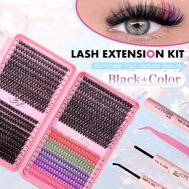 Multi Color 800Pcs False Eyelashes Set Long Lasting Makeup With Glue D Volume Thick Fluffy Press Self Adhesive Wear Cluster Lashes Cosmetic Halloween Holiday Gift