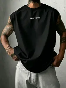 Men's Oversized "I DON'T CARE" Geometric Graphic Tank Top, Breathable Sleeveless T-Shirt, Loose Fit Casual Muscle Tee, Streetwear Vest for Gym Training & Daily Streetwear, Multi-Wear Style