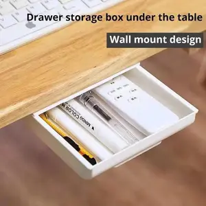 1pc White SelfAdhesive Storage Drawer Box Makeup Pencil Tray Desk Hidden Under Desk Stand Self-adhesive Under-drawer Storage Box Drawer Storage Organizer