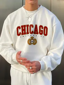 Men's Chicago Logo Printed Long Sleeve Sweatshirt, Casual Fitted Crew Neck for Spring & Fall, Cartoon Graphic Design for Commute