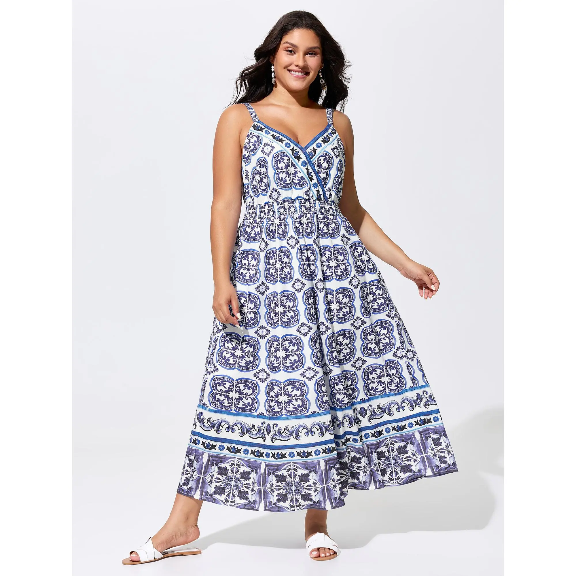 BloomChic Women's Plus Size Boho Ethnic Floral Smocked Cami Maxi Dress, Pull-On Hippie Style Design in Low Iron Polyester Fabric, 18-20/2X, Sleeveless, Shell Design Casual Dresses, Smooth, Garment, Bohemian, Casual Wear, Pocket, Plus Size Casual Dresses