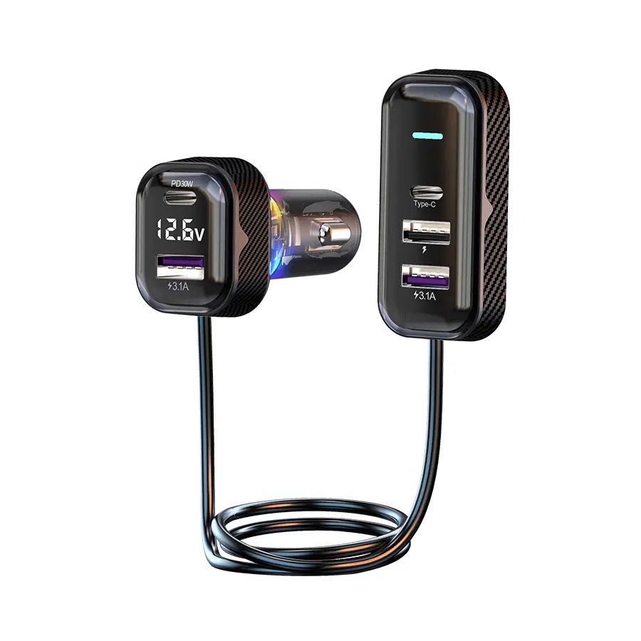PD30W Fast Car Phone Charger, 6-Port Simultaneous Charging with 1 Type-C, 2 USB Ports, 1.5m Extension Cable, Anti-Slip Clamp, USB Mobile Charger for Cars Accessories