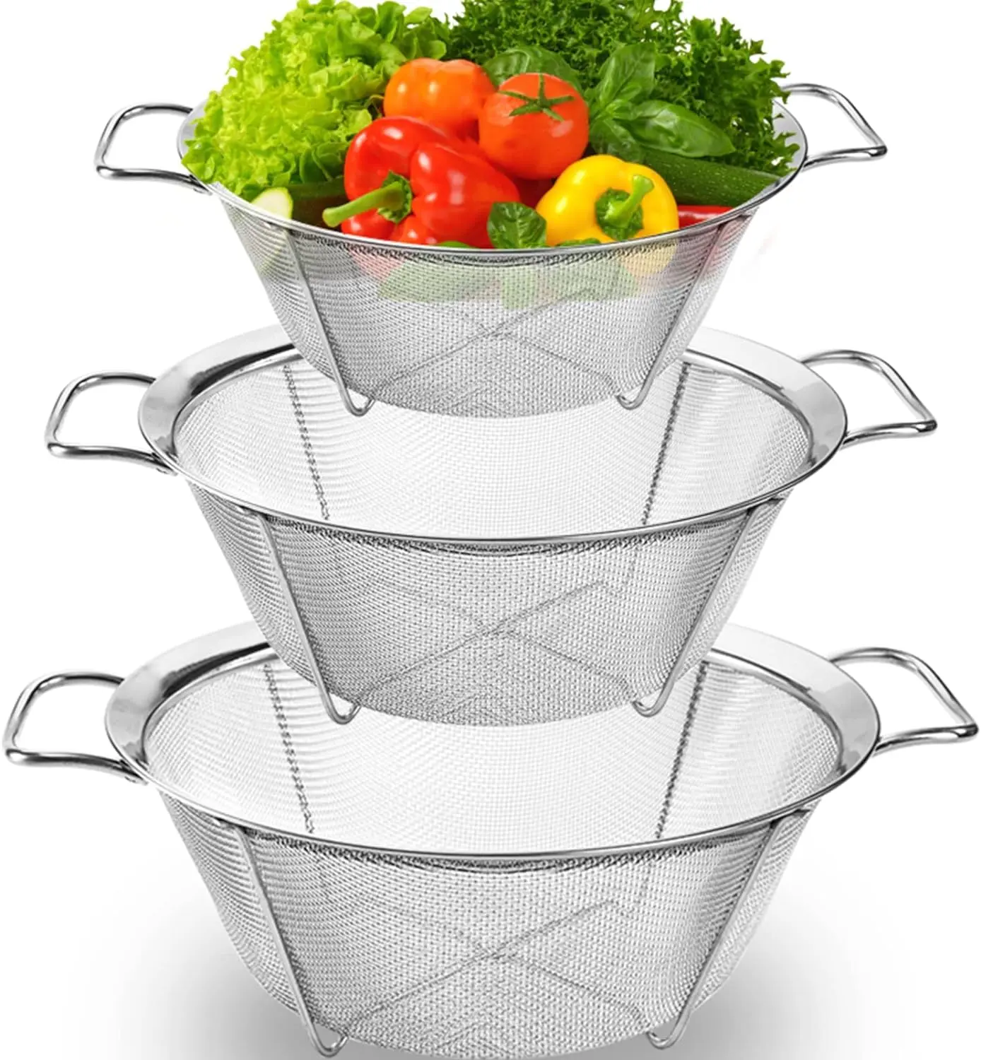 Ideal Kitchen Strainers and Colanders - Stainless Steel Mesh Strainer Basket with Handle, Stackable Footed Colander for Rinsing, Straining, and Draining Fruits, Vegetables, and More