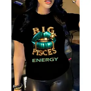 100% Cotton, Pisces Zodiac Pattern Women's T-Shirt - Bold Lip Print and Gold Chain Print, Soft and Comfortable Casual Round Neck Top, Machine Washable for All Seasons, Fashionable Zodiac Trend, Versatile Style