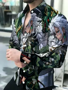 Men's Breathable Lapel Long-sleeved Button-Up Shirt with Anime Character Green Dragon Camouflage Floral Print