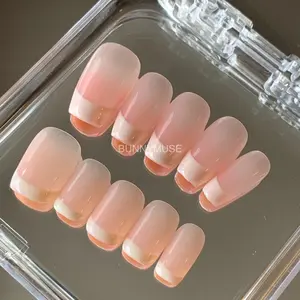 [BunnyMuse] Handmade Press on nails Neon Pink French Tip Short/Medium | bubble bath square round nails Glossy Nails Elegant Nails Cute nails Short Nails Medium Nails Charming nails lovely nails clean girl nail, vanilla girl nail, chic nail, funny bunny